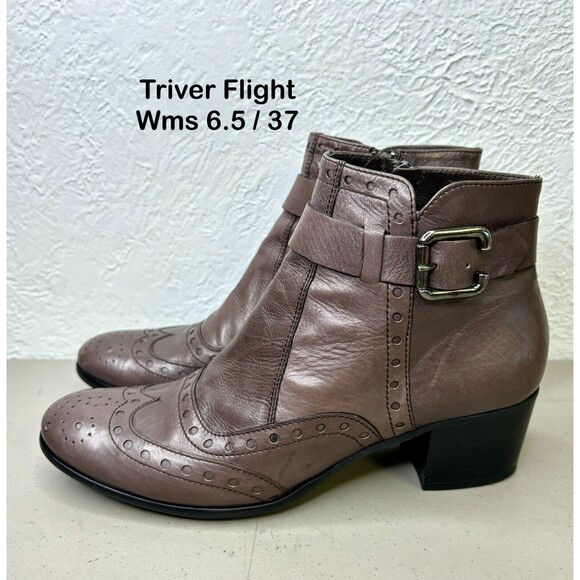 Triver Flight Gray Leather‎ Wingtip Brogue Zip Ankle Bootie Womens Size 6.5/37 - Picture 1 of 11